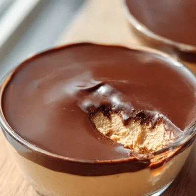 Vegan Peanut Butter Mousse topped with chocolate ganache in a dessert bowl.