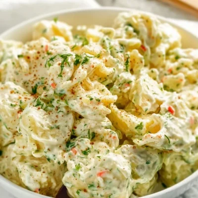 Delicious vegan potato salad with fresh vegetables and herbs in a bowl.