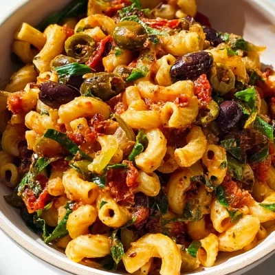 Vegan puttanesca pasta topped with fresh herbs and olives.