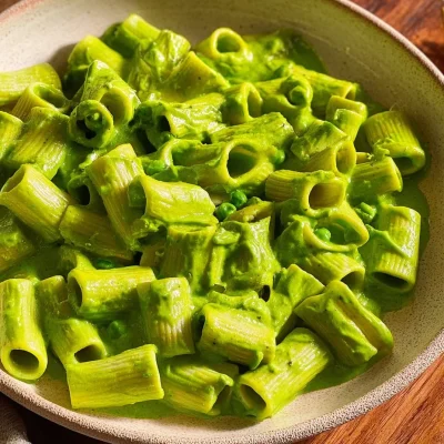 A plate of Vegan Spinach Garlic Pasta garnished with fresh basil and garlic.