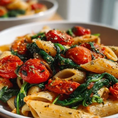 Bowl of vegan spinach tomato pasta garnished with fresh herbs