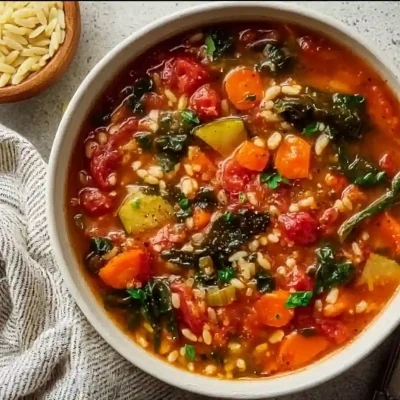 Bowl of hearty one-pot vegetable orzo soup with colorful fresh vegetables.