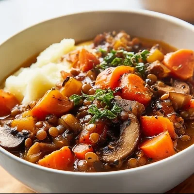 A hearty bowl of vegetarian stew with colorful vegetables and herbs.