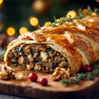 Deliciously prepared Vegetarian Wellington served on a rustic wooden table