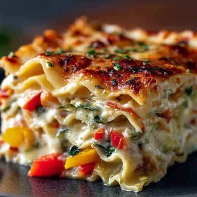 Veggie white lasagna with layers of vegetables and creamy sauce