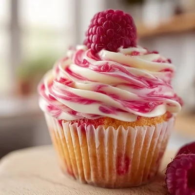 Velvety cupcakes with red and white swirl frosting on a cake stand