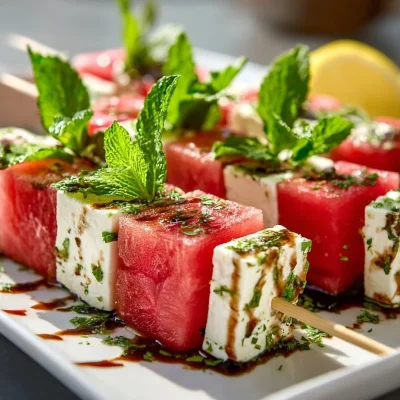 Watermelon and feta cheese skewers garnished with fresh mint leaves on a plate.