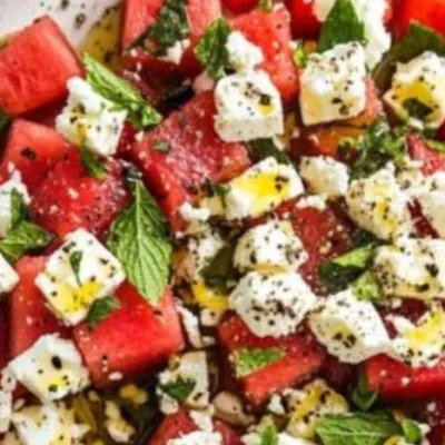 Refreshing Watermelon Feta Salad with mint and balsamic dressing