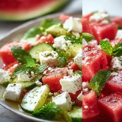 A vibrant Watermelon Cucumber Feta Salad served in a bowl with fresh herbs.