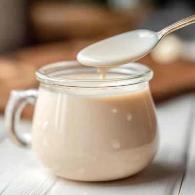 Homemade white chocolate mocha sauce in a jar with a spoon