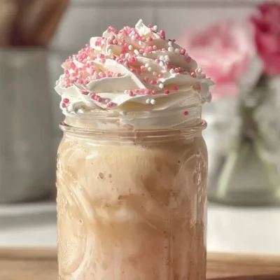 Glass of white chocolate strawberry iced coffee topped with whipped cream