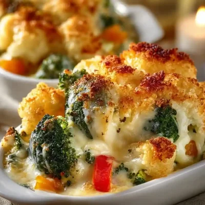 Creamy winter vegetable casserole topped with cheese and herbs in a baking dish