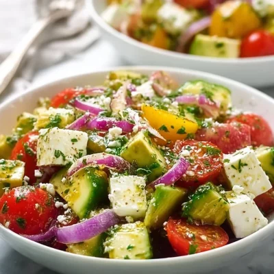 A vibrant bowl of zesty Mediterranean avocado salad with fresh vegetables and herbs.